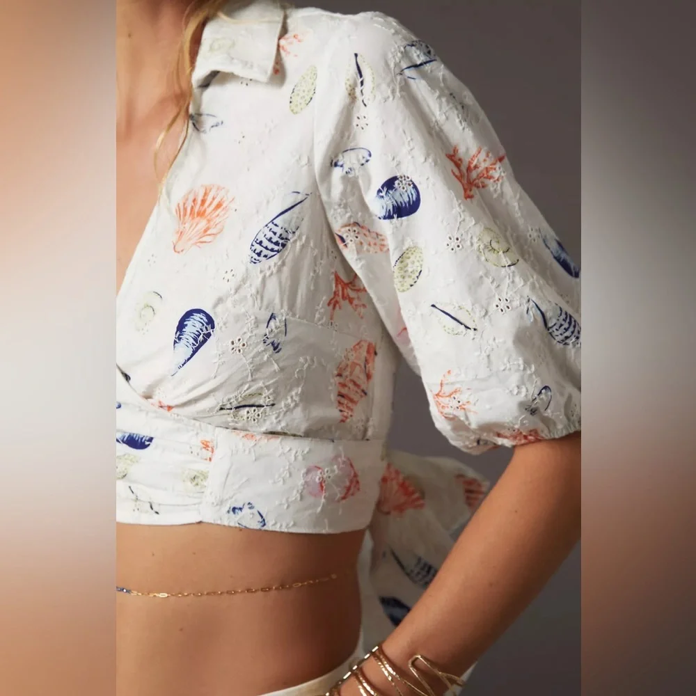 Seashell Embroidered Eyelet Puff-Sleeve Wrap Top